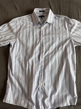 Nordstrom Men's Short-Sleeve Button-Down Shirt in White with Red & Blue Stripes